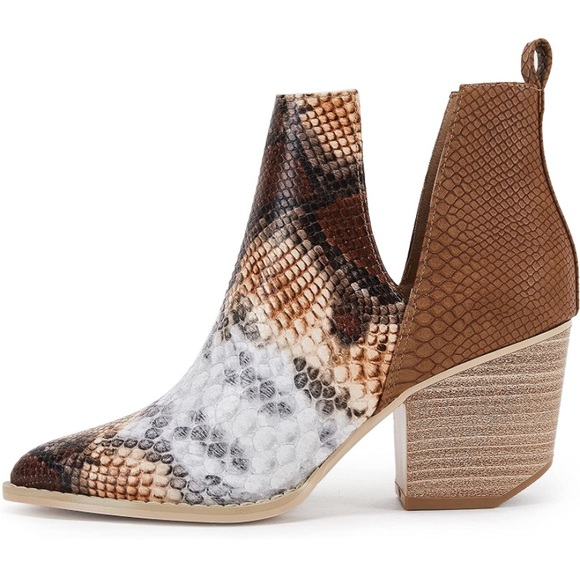 Ankle Bootie Slip on Cutout Pointed Toe Snakeskin Chunky Stacked Vegan - Picture 4 of 7